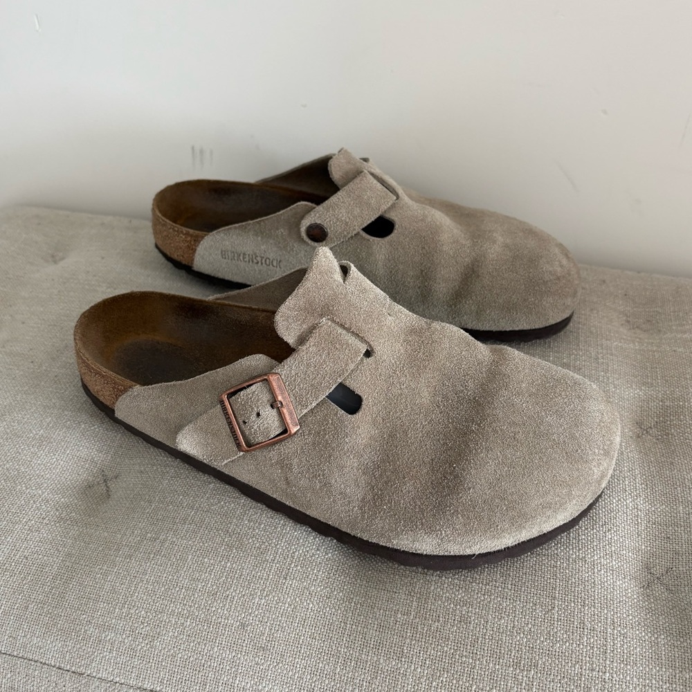 Birkenstock Soft Footbed Boston Taupe Suede Slide Sandal Shoes Men EU 42 size 9